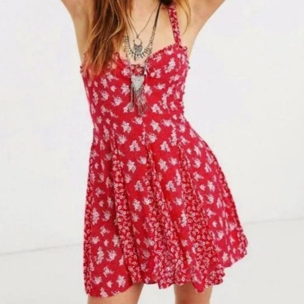 Free People Don’t Dare Red Mixed Floral Mini Dress